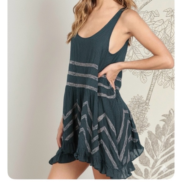 Free People dress Intimately voile lace Teal green trapeze dot slip mini tunic M - Picture 3 of 6